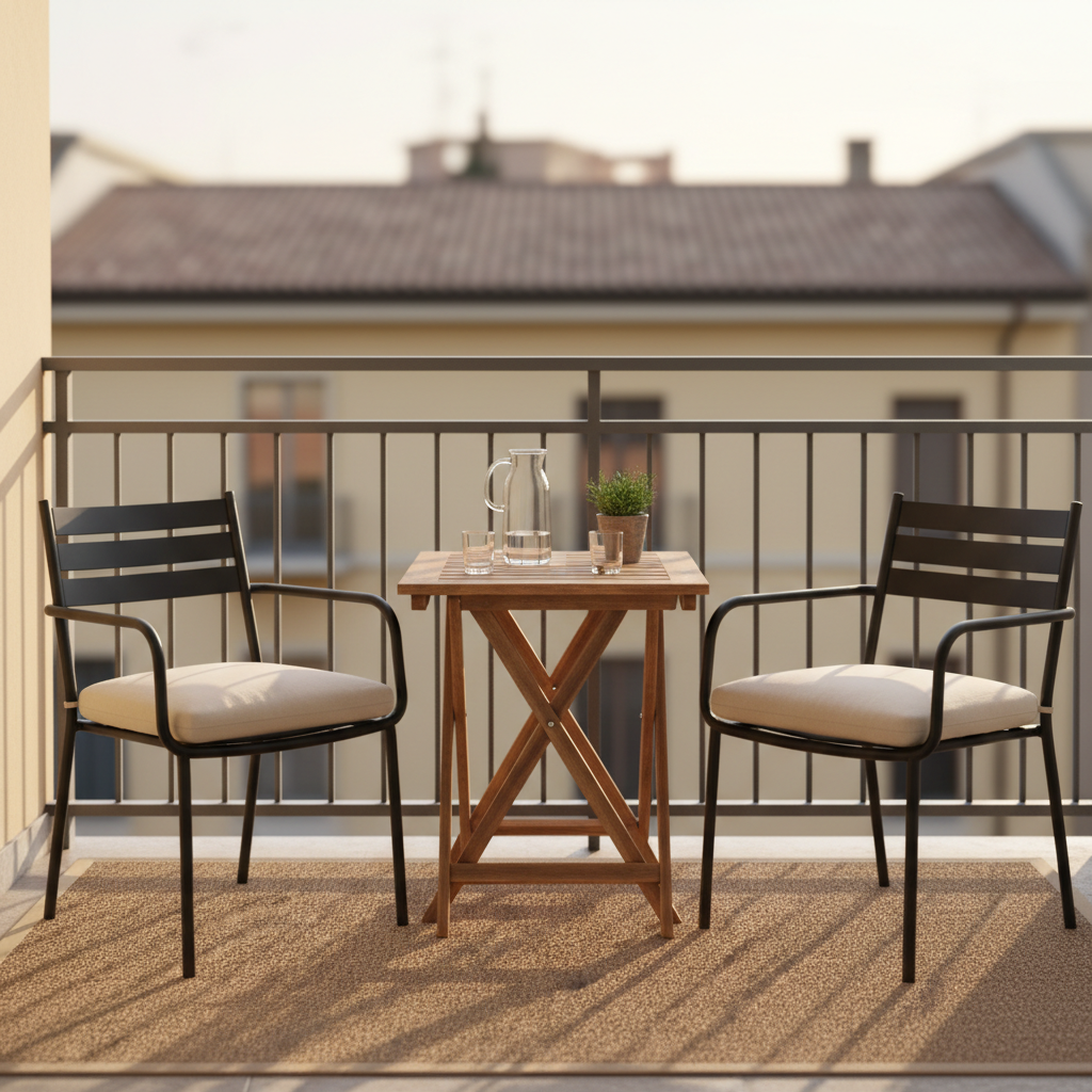 Un balconcino urbano italiano trasformato in mini zona relax per casa vacanza: pavimento coperto da un tappeto in fibra naturale, due poltroncine compatte in metallo verniciato nero con cuscini color crema e un tavolino pieghevole in legno teak con superficie leggermente vissuta. Sul tavolino, una caraffa di vetro trasparente e due bicchieri, affiancati da un piccolo vaso di erbe aromatiche. La ringhiera, dipinta di grigio antracite, incornicia la vista su tetti di città sfocati. La luce calda del tramonto crea riflessi dorati sui tessuti e ombre morbide sul muro esterno color ocra chiaro. Scatto fotografico a livello seduta, con profondità di campo ridotta per sfumare lo sfondo, atmosfera intima e vacanziera, stile pulito e contemporaneo.