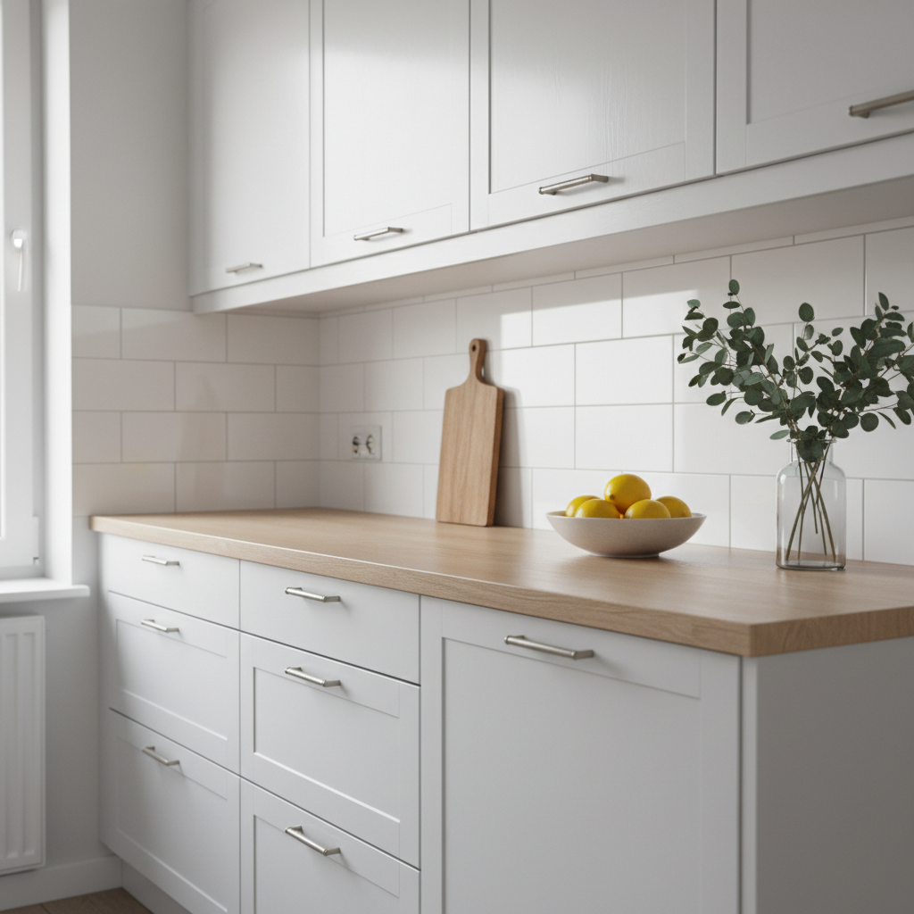 Una cucina lineare di un appartamento per affitti brevi, ottimizzata per piccoli spazi: mobili bianchi opachi con maniglie sottili in metallo satinato, top in effetto legno chiaro perfettamente sgombro tranne per un tagliere in legno, una ciotola di limoni giallo vivo e un vaso con rami di eucalipto. La parete tra basi e pensili è rivestita con piastrelle bianche lucide a mattoncino. Una finestra laterale lascia entrare una luce diurna neutra e diffusa, che fa brillare lievemente le superfici lucide e crea ombre leggere sotto i pensili. Inquadratura panoramica leggermente angolata, messa a fuoco nitida su tutta la scena. Atmosfera fresca, igienica e accogliente, perfetta per illustrare la preparazione professionale di una casa vacanza.