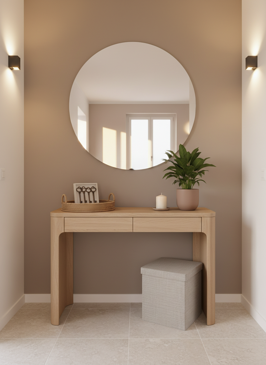 Un ingresso di un appartamento destinato agli affitti brevi, trasformato con home staging: una piccola consolle in legno chiaro con bordi arrotondati, sopra la quale è posizionato un grande specchio senza cornice che riflette la luce. Sulla consolle, un vassoio in rattan contiene chiavi finte, una pianta in vaso di terracotta opaca e una candela bianca non accesa. A lato, un pouf contenitore in tessuto grigio chiaro con texture intrecciata. Il pavimento in gres effetto pietra chiara contrasta con una parete dipinta in un delicato color tortora. Illuminazione mista: luce naturale morbida da una finestra sullo sfondo e applique moderne che creano riflessi caldi. Fotografia realistica con inquadratura frontale, atmosfera organizzata e rassicurante, ideale per comunicare professionalità.