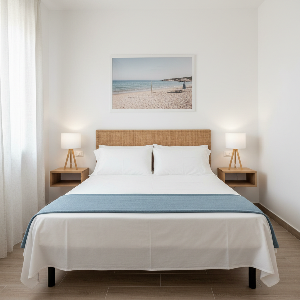 Una camera da letto di casa vacanza al mare in Italia, arredata con home staging: letto matrimoniale con testiera in rattan chiaro intrecciato, biancheria bianca perfettamente stirata e plaid color azzurro polvere ai piedi. Ai lati del letto, due piccoli comodini sospesi in legno con una lampada cilindrica in tessuto bianco e base in legno chiaro. Sopra il letto, una grande fotografia senza testo di una spiaggia italiana incorniciata in modo minimale. La luce naturale entra da una finestra con tenda di lino leggero, creando un bagliore morbido su pareti bianche e pavimento in gres effetto legno. Inquadratura frontale, composizione simmetrica, stile fotografico realistico e pulito, atmosfera rilassante e vacanziera, ideale per comunicare comfort in spazi ridotti.