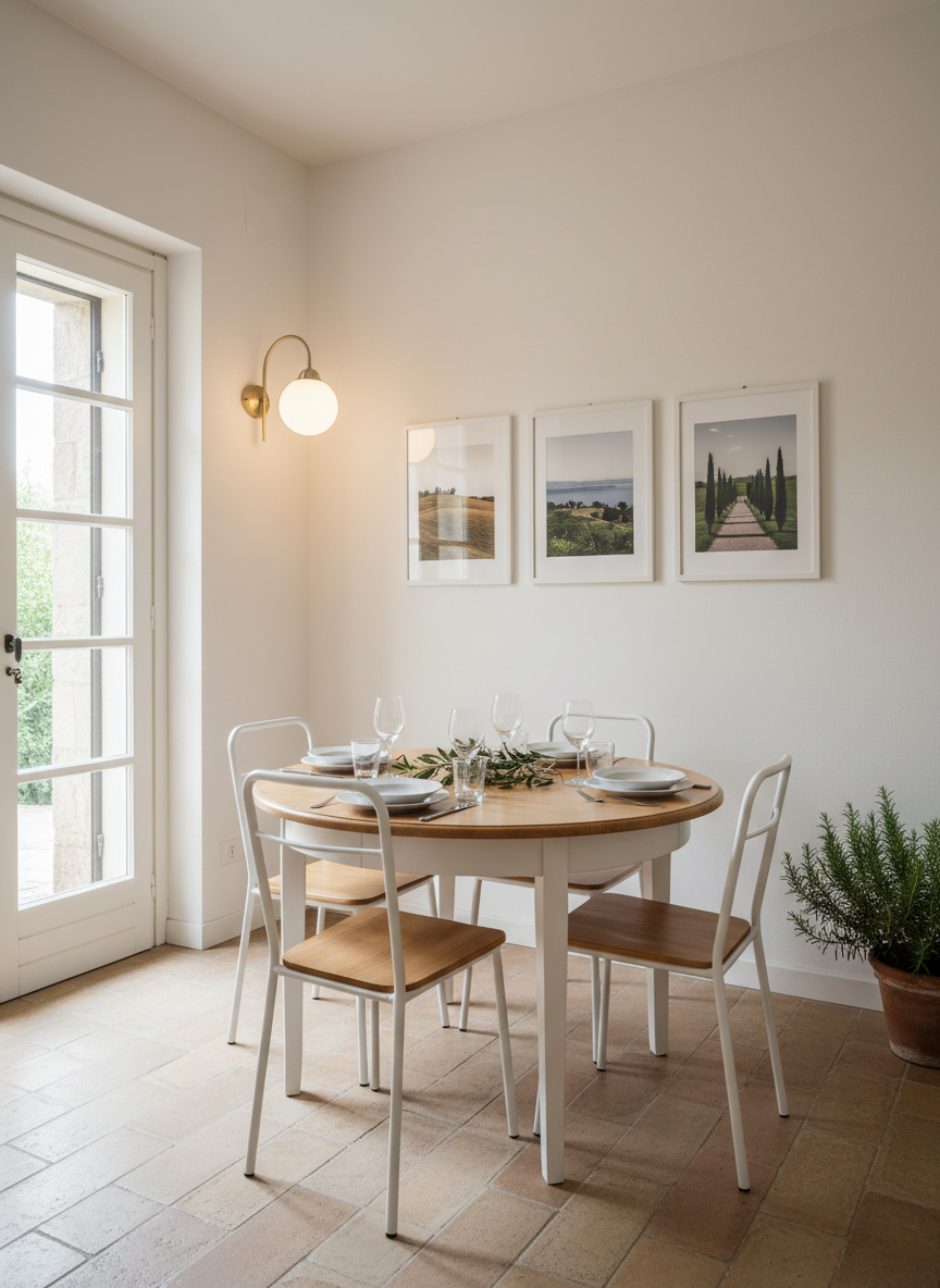 Un’accogliente zona pranzo in una casa vacanze italiana, ricavata in uno spazio ridotto: un tavolo rotondo in legno chiaro con superficie liscia, apparecchiato in modo essenziale con piatti bianchi, bicchieri trasparenti e un piccolo centrotavola di rami d’ulivo freschi. Quattro sedie leggere in metallo verniciato bianco con seduta in legno naturale circondano il tavolo. La parete adiacente è decorata con tre stampe fotografiche di paesaggi italiani, incorniciate in modo minimale. Una luce naturale diffusa entra da una portafinestra laterale, affiancata da una sospensione in vetro opalino che emette un bagliore caldo. Inquadratura orizzontale a livello degli occhi, composizione secondo la regola dei terzi, atmosfera conviviale ma ordinata, perfetta per presentare una micro-ospitalità curata.