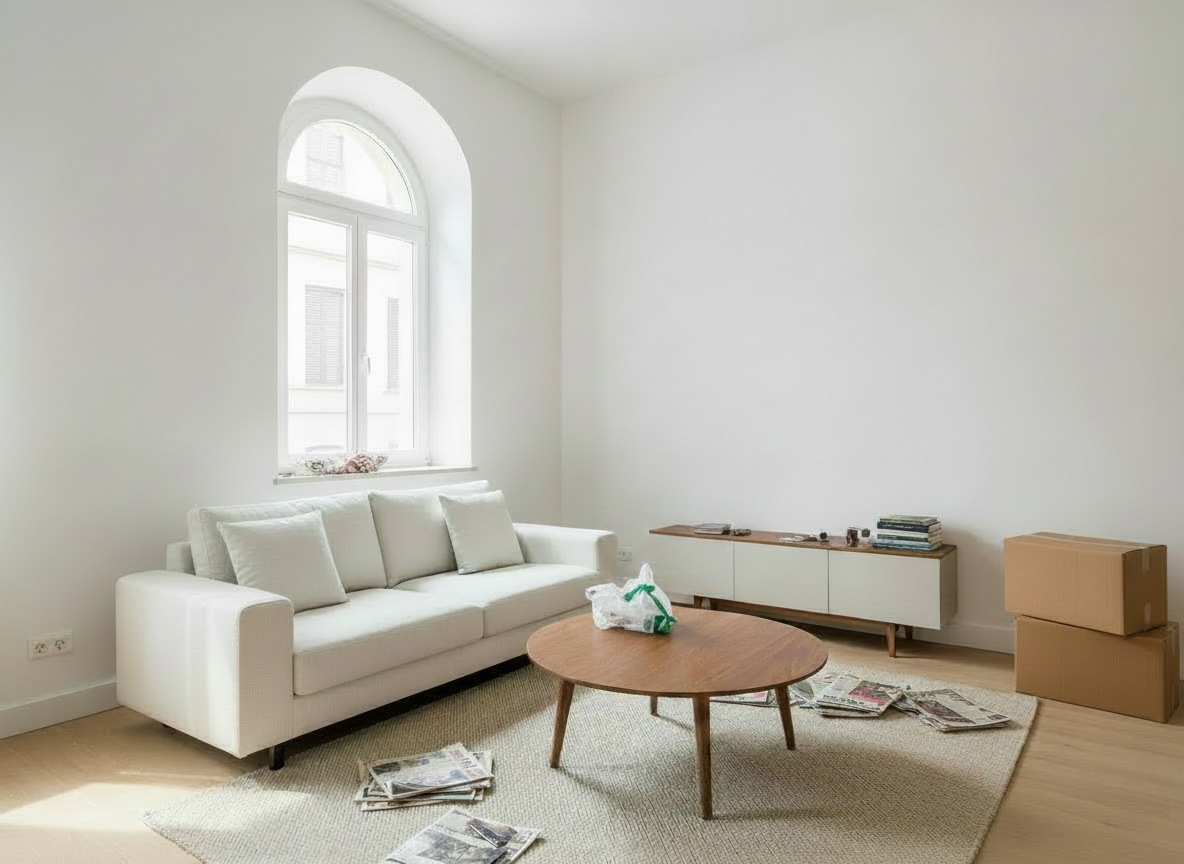 Stanza prima del decluttering, con scatoloni sul pavimento e oggetti da organizzare