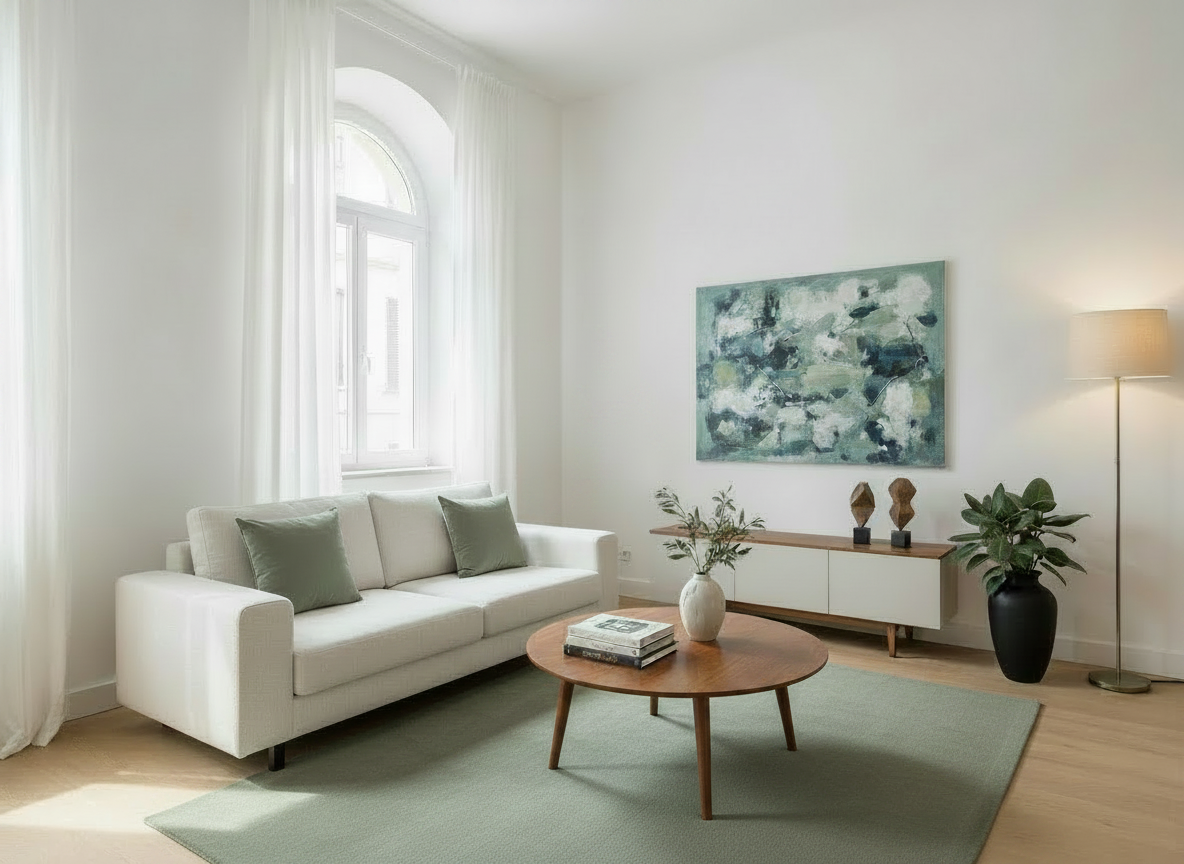 Ambiente ordinato e sereno dopo il servizio di decluttering, con vaso minimalista moderno accanto alla lampada da terra