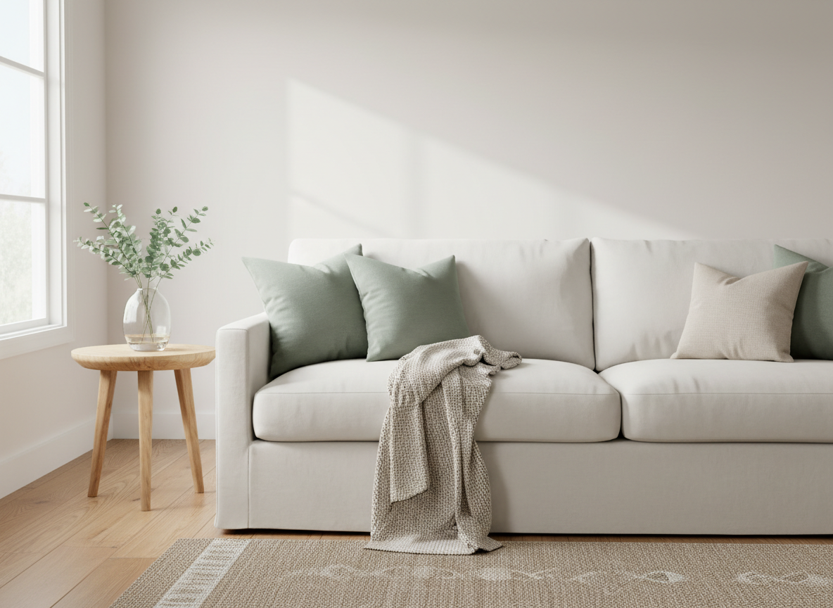 Divano bianco con cuscini e coperta verde salvia, atmosfera cozy e professionale