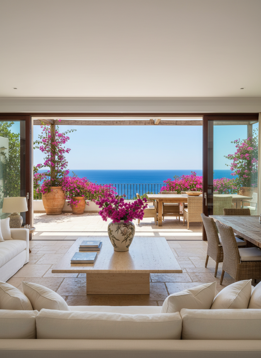 Un soggiorno elegante di una casa vacanze in Sardegna stile Porto Cervo, con grandi vetrate aperte su una terrazza affacciata sul mare. Arredamento mediterraneo di lusso: divano in lino bianco panna, tavolino in travertino, piante di bouganville rosa sul terrazzo, pavimento in pietra chiara. Luce naturale intensa, cielo azzurro, mare sullo sfondo. Atmosfera sofisticata, luminosa, estiva. Fotografia realistica, grandangolo, stile editoriale di architettura d'interni.