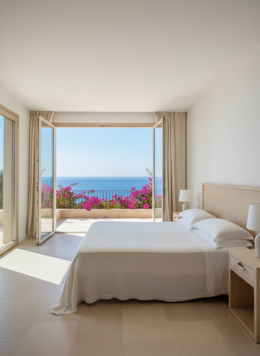 Un elegante soggiorno di una casa vacanze in Sardegna stile Porto Cervo, con ampia vetrata che si affaccia sulla terrazza con vista mare. Arredamento mediterraneo di lusso: divano in lino bianco panna, tavolino in travertino, piante di bouganville rosa sul terrazzo, pavimento in pietra chiara. Luce naturale intensa, cielo azzurro, mare sullo sfondo. Atmosfera sofisticata, luminosa, estiva.