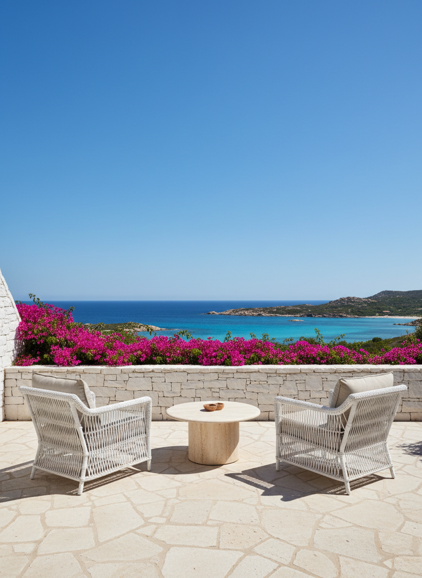 Una terrazza di una casa vacanze in Sardegna stile Porto Cervo: pavimento in pietra chiara, due poltrone in rattan bianco con cuscini in lino naturale, tavolino basso in travertino. Bouganville rosa sullo sfondo, cielo azzurro intenso, mare cristallino all'orizzonte. Luce naturale intensa del mezzogiorno mediterraneo, atmosfera sofisticata ed estiva. Fotografia realistica, stile editoriale di architettura d'interni, grandangolo.