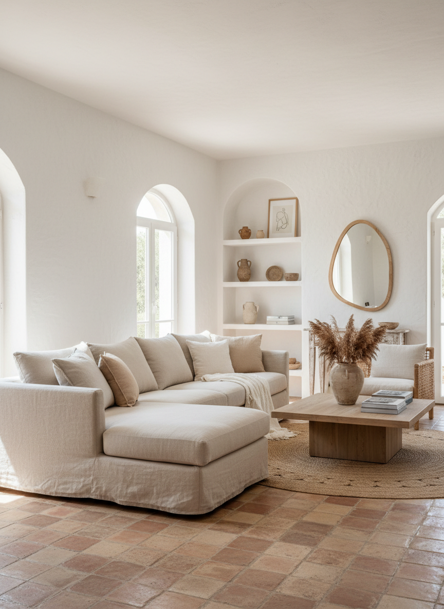 A beautifully transformed Italian vacation rental living space — the "after" result of a professional interior styling intervention. Whitewashed walls, natural linen cushions, warm Mediterranean light, carefully curated minimal decor. Stone or terracotta flooring, a few quality pieces of furniture, soft neutral tones — white, sand, warm beige. Airy, clean, intentional. Porto Cervo / Sardinia aesthetic. Editorial interior photography style, natural light. NO text, NO labels, NO before/after writing, NO overlays of any kind.